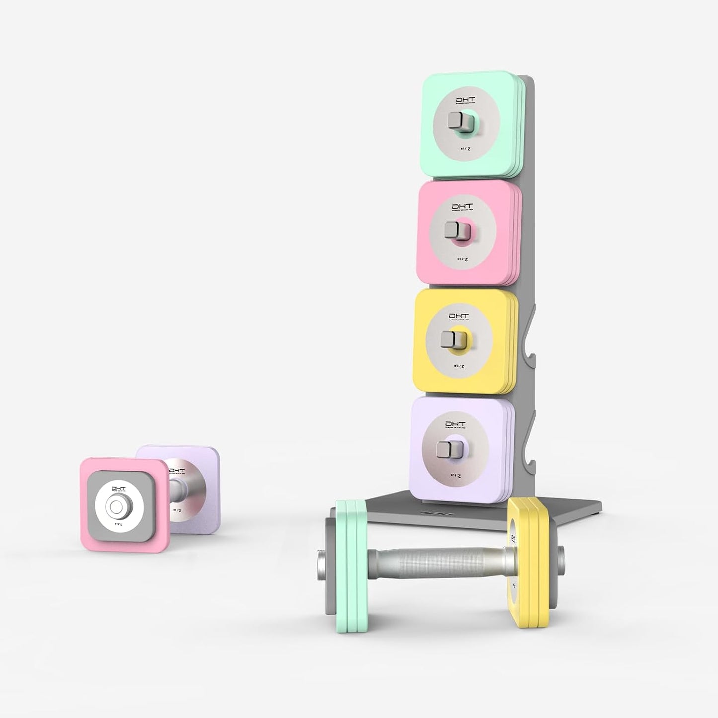 DHT Dynamic Health Tech D100S Adjustable Weight Dumbbell Set Macaron Style Color Rubber Coated Steel Eco Friendly Exercise Showpiece