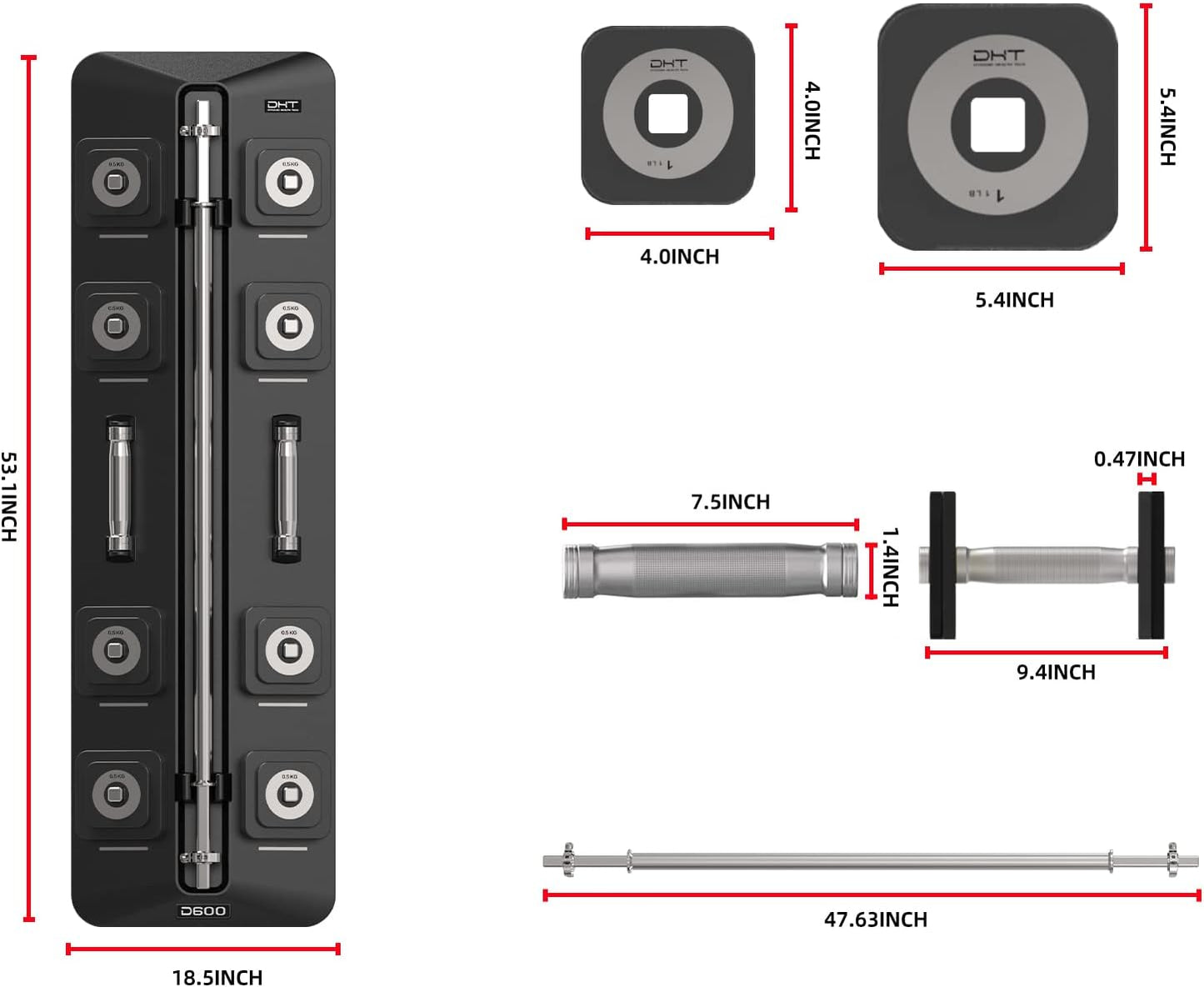 DHT D600 Wall Mount Black Adjustable Weight 1.8-22 lb Dumbbells, 6-54 lb Barbell Set